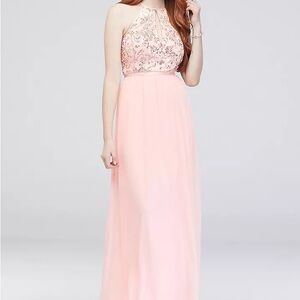 High-Neck Sequin and Mesh Gown with Keyhole